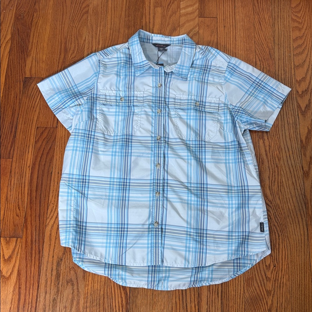 Eddie Bauer Short Sleeve Adventure Shirt Moisture Wicking Blue Plaid Size L NWT